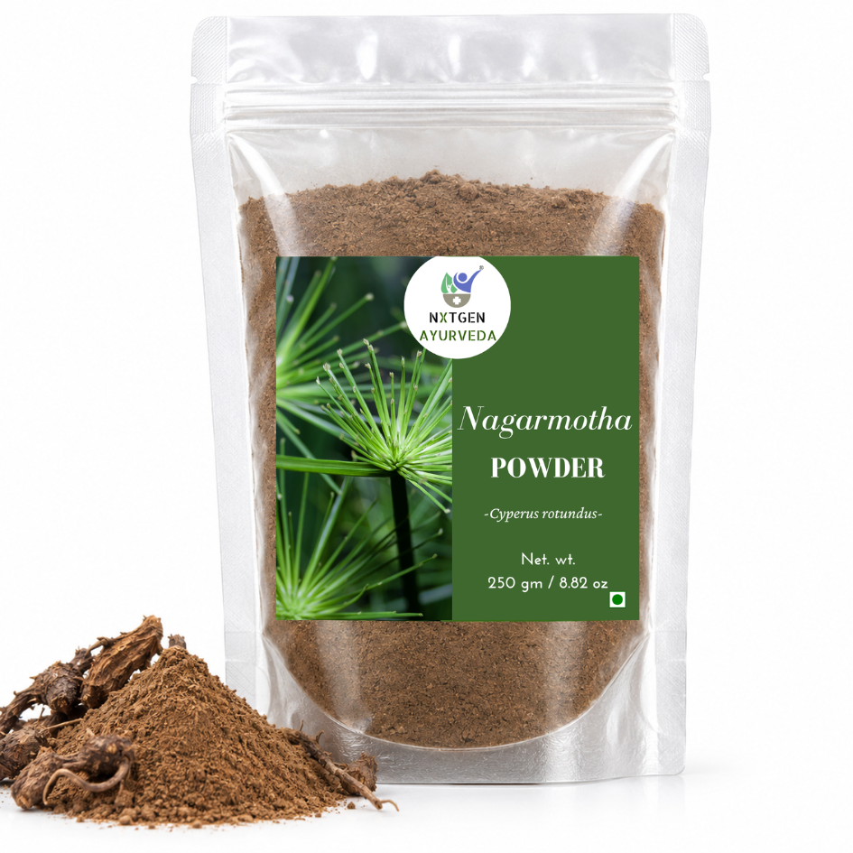 Premium Nagarmotha Powder in a transparent stand-up pouch with finely ground Cyperus rotundus root powder for traditional Ayurvedic and herbal use.
