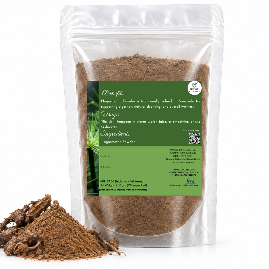 Premium Nagarmotha Powder in a transparent stand-up pouch with finely ground Cyperus rotundus root powder for traditional Ayurvedic and herbal use.