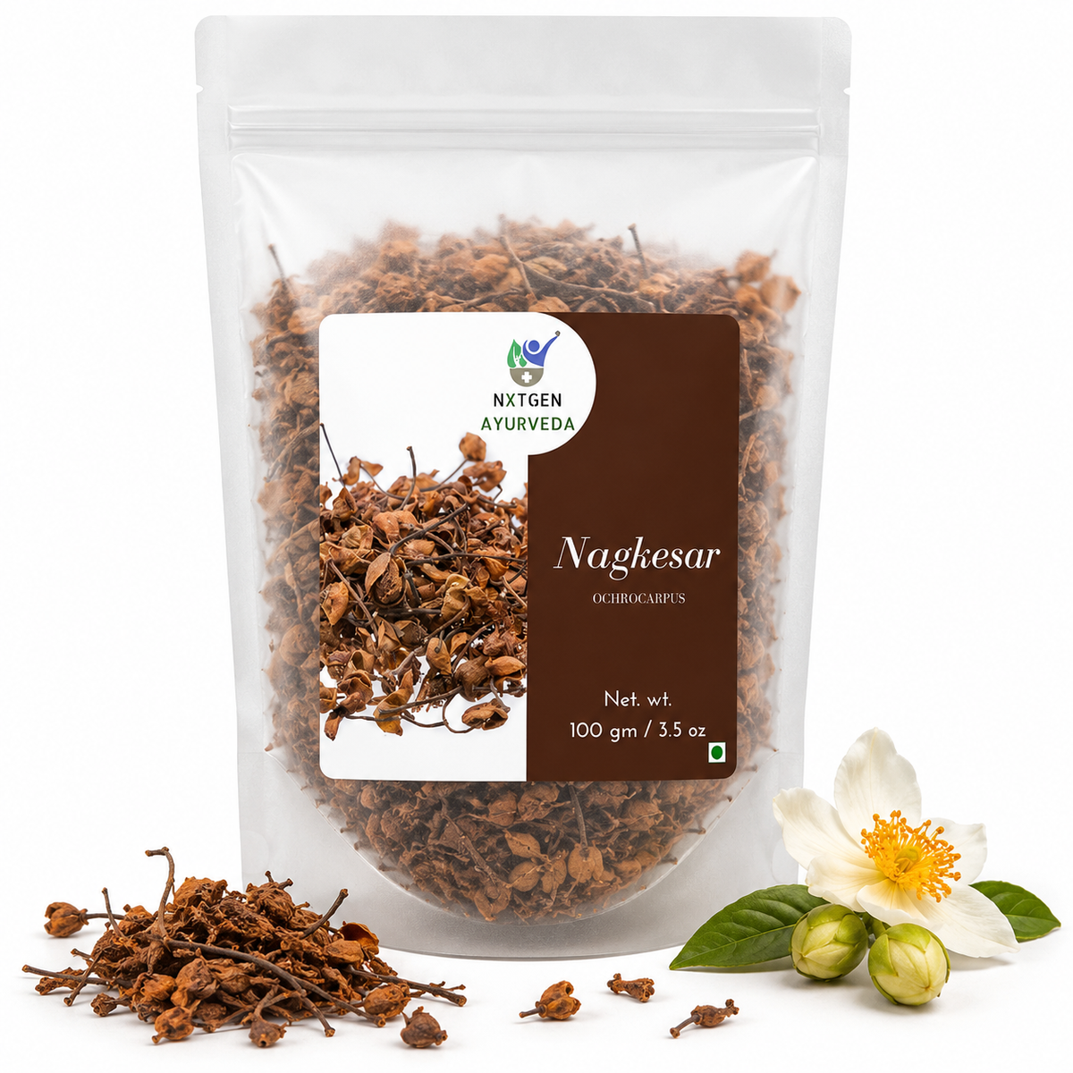 Premium Nagkesar in a transparent stand-up pouch with whole dried Nagkesar flowers for traditional Indian cooking, herbal infusions, and Ayurvedic use.