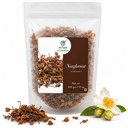 Premium Nagkesar in a transparent stand-up pouch with whole dried Nagkesar flowers for traditional Indian cooking, herbal infusions, and Ayurvedic use.