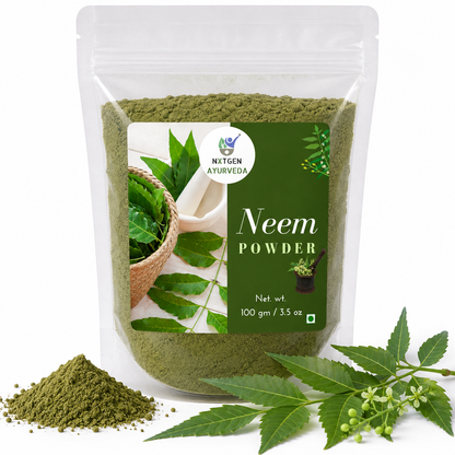Premium Neem Powder in a transparent stand-up pouch with finely ground dried neem leaves for traditional Ayurvedic wellness and natural skincare.