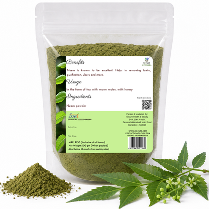 Premium Neem Powder in a transparent stand-up pouch with finely ground dried neem leaves for traditional Ayurvedic wellness and natural skincare.