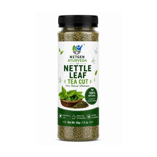 Premium Nettle Leaf Tea Cut in a transparent stand-up pouch with naturally dried nettle leaves for herbal tea and traditional infusions.