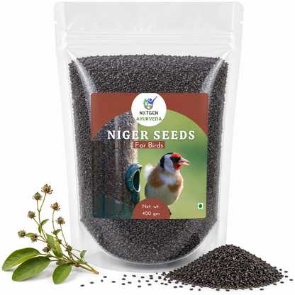 Premium Niger Seeds for Birds in a transparent stand-up pouch with natural whole bird feed seeds suitable for feeding garden and wild birds.