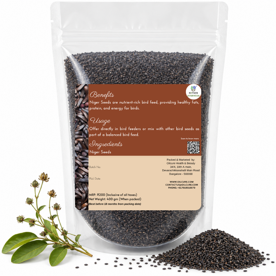 Premium Niger Seeds for Birds in a transparent stand-up pouch with natural whole bird feed seeds suitable for feeding garden and wild birds.