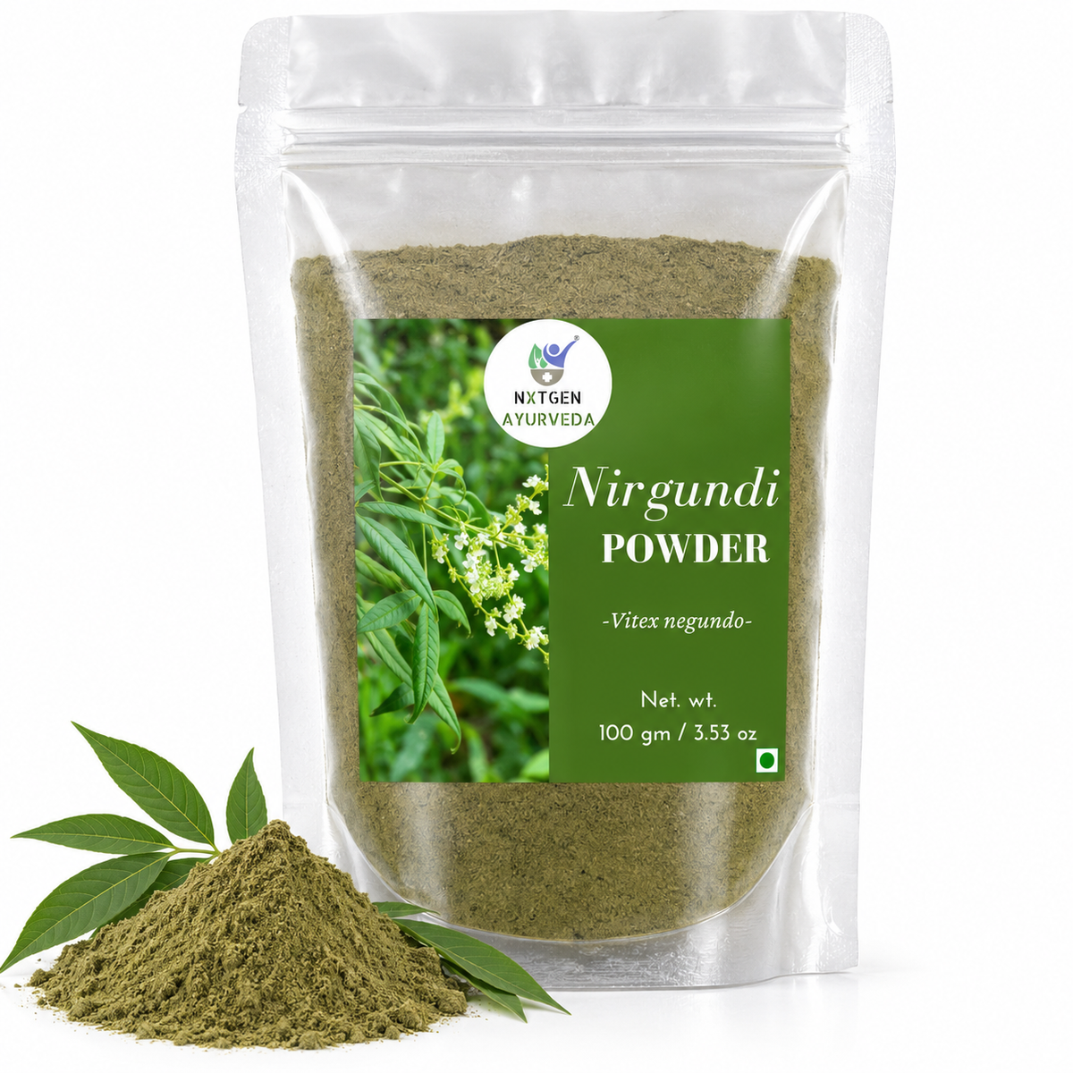 Premium Nirgundi Powder in a transparent stand-up pouch with finely ground Vitex negundo leaves for traditional Ayurvedic and herbal use.