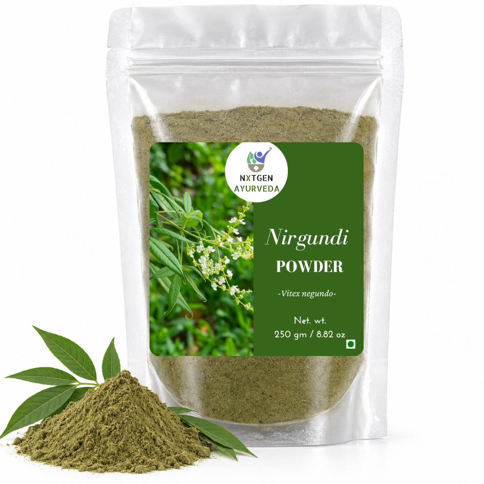 Premium Nirgundi Powder in a transparent stand-up pouch with finely ground Vitex negundo leaves for traditional Ayurvedic and herbal use.