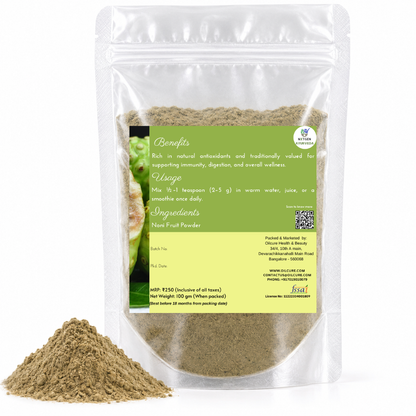 Premium Noni Fruit Powder in a transparent stand-up pouch with finely ground dried noni fruit for smoothies, beverages, and traditional herbal wellness use.