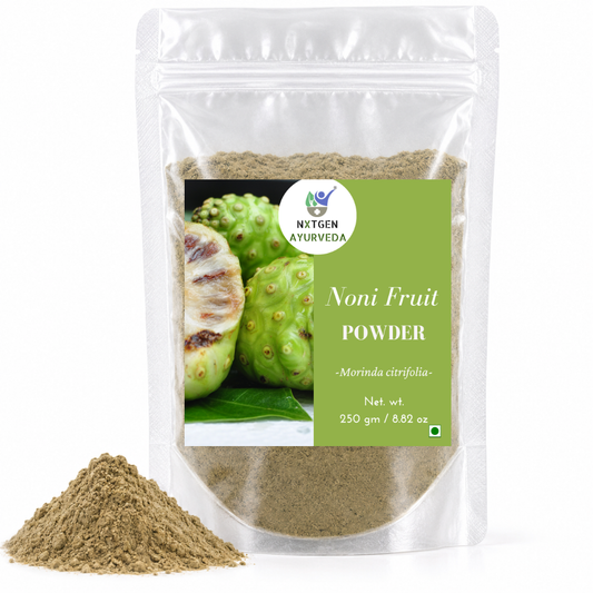 Premium Noni Fruit Powder in a transparent stand-up pouch with finely ground dried noni fruit for smoothies, beverages, and traditional herbal wellness use.