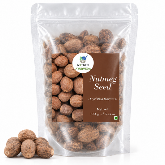 Premium Nutmeg Seeds (Jaiphal) in a transparent stand-up pouch with whole aromatic nutmeg seeds for cooking, seasoning, and traditional culinary use.