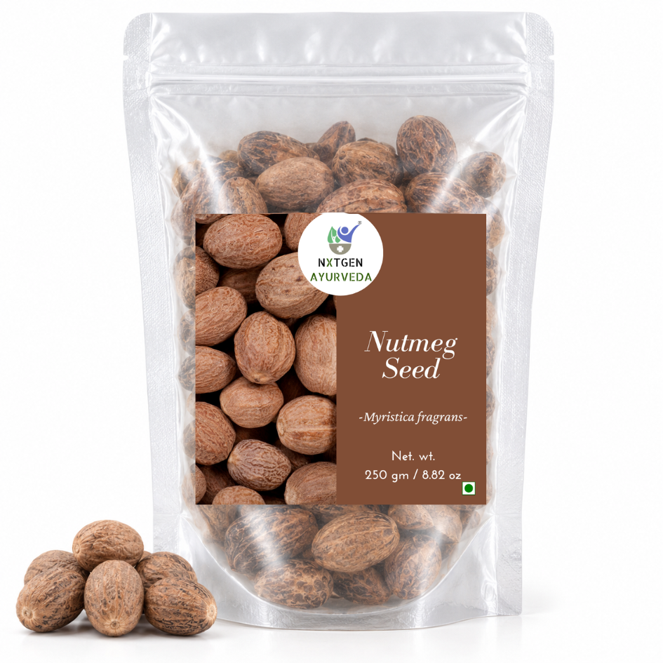Premium Nutmeg Seeds (Jaiphal) in a transparent stand-up pouch with whole aromatic nutmeg seeds for cooking, seasoning, and traditional culinary use.