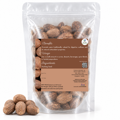 Premium Nutmeg Seeds (Jaiphal) in a transparent stand-up pouch with whole aromatic nutmeg seeds for cooking, seasoning, and traditional culinary use.