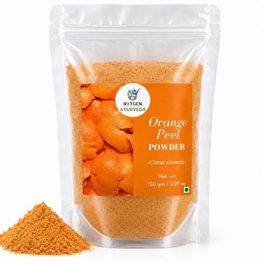 Premium Orange Peel Powder in a transparent stand-up pouch with finely ground dried orange peel for herbal, culinary, skincare, and traditional wellness use.