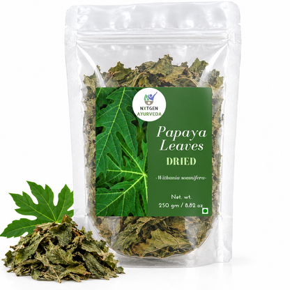 Premium Papaya Leaves in a transparent stand-up pouch with naturally dried papaya leaves for traditional herbal and Ayurvedic use.