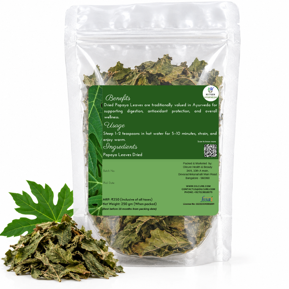 Premium Papaya Leaves in a transparent stand-up pouch with naturally dried papaya leaves for traditional herbal and Ayurvedic use.