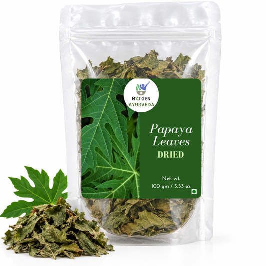 Premium Papaya Leaves in a transparent stand-up pouch with naturally dried papaya leaves for traditional herbal and Ayurvedic use.