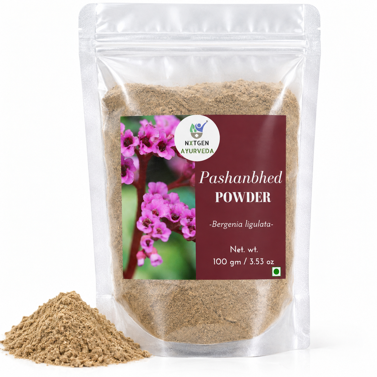 Premium Pashanbhed Powder in a transparent stand-up pouch with finely ground herbal powder for traditional Ayurvedic and herbal use.