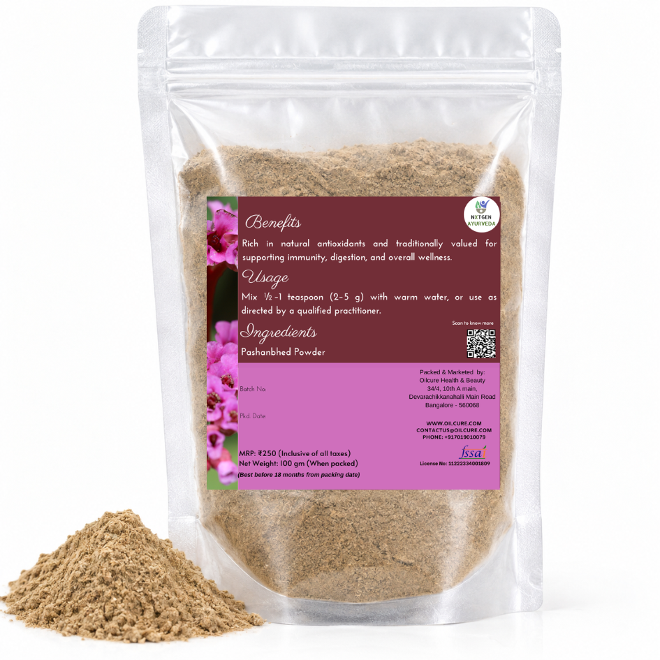Premium Pashanbhed Powder in a transparent stand-up pouch with finely ground herbal powder for traditional Ayurvedic and herbal use.