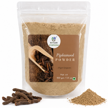 Premium Pilplamool Powder in a transparent stand-up pouch with finely ground long pepper root powder for traditional Ayurvedic wellness.