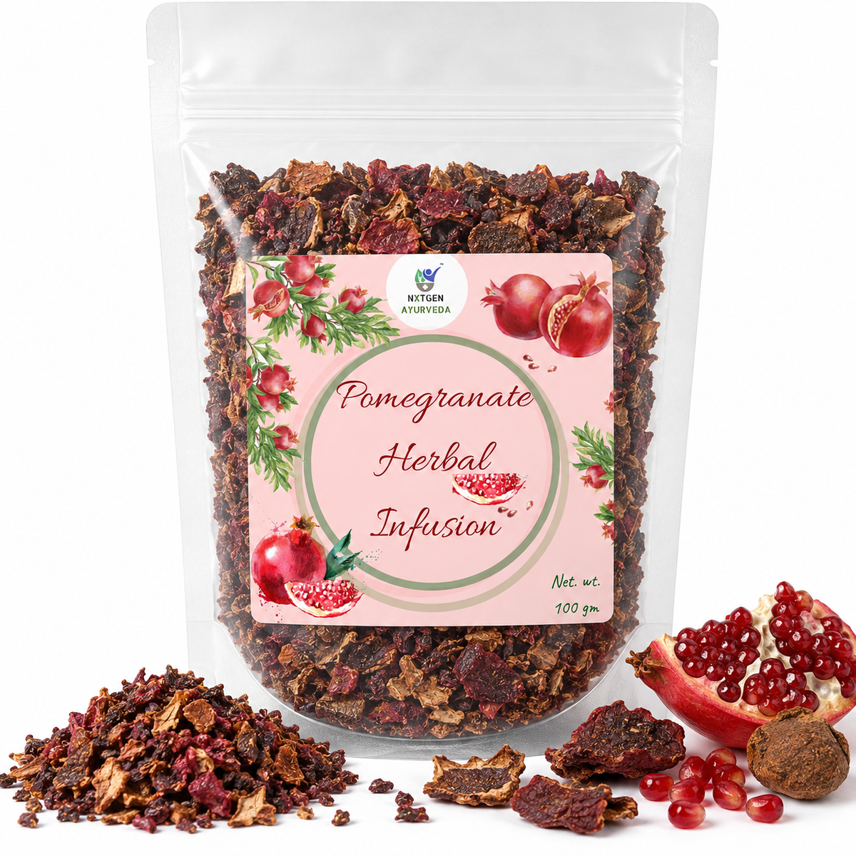 Premium Pomegranate Herbal Infusion in a transparent stand-up pouch with dried pomegranate ingredients for a refreshing herbal tea and infusion.