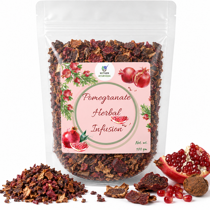 Premium Pomegranate Herbal Infusion in a transparent stand-up pouch with dried pomegranate ingredients for a refreshing herbal tea and infusion.