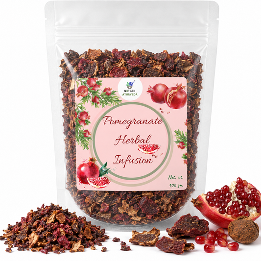 Premium Pomegranate Herbal Infusion in a transparent stand-up pouch with dried pomegranate ingredients for a refreshing herbal tea and infusion.