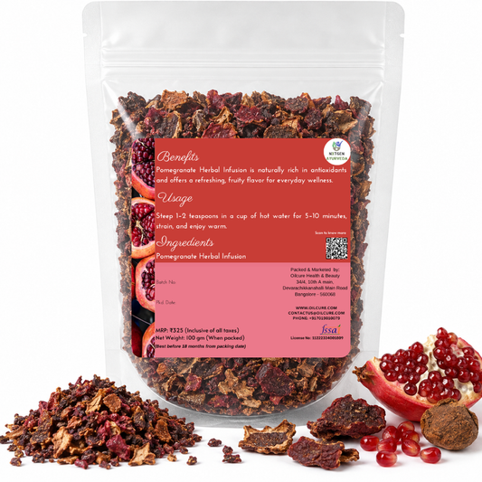 Premium Pomegranate Herbal Infusion in a transparent stand-up pouch with dried pomegranate ingredients for a refreshing herbal tea and infusion.