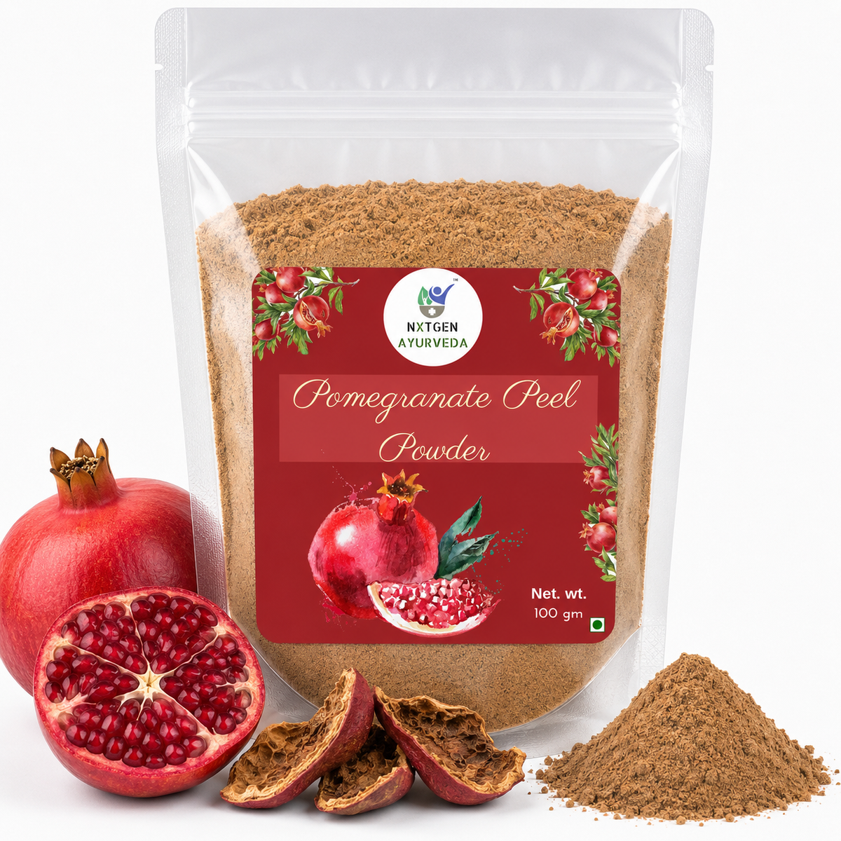 Premium Pomegranate Peel Powder in a transparent stand-up pouch with finely ground dried pomegranate peel for traditional wellness and natural skincare.