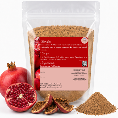 Premium Pomegranate Peel Powder in a transparent stand-up pouch with finely ground dried pomegranate peel for traditional wellness and natural skincare.