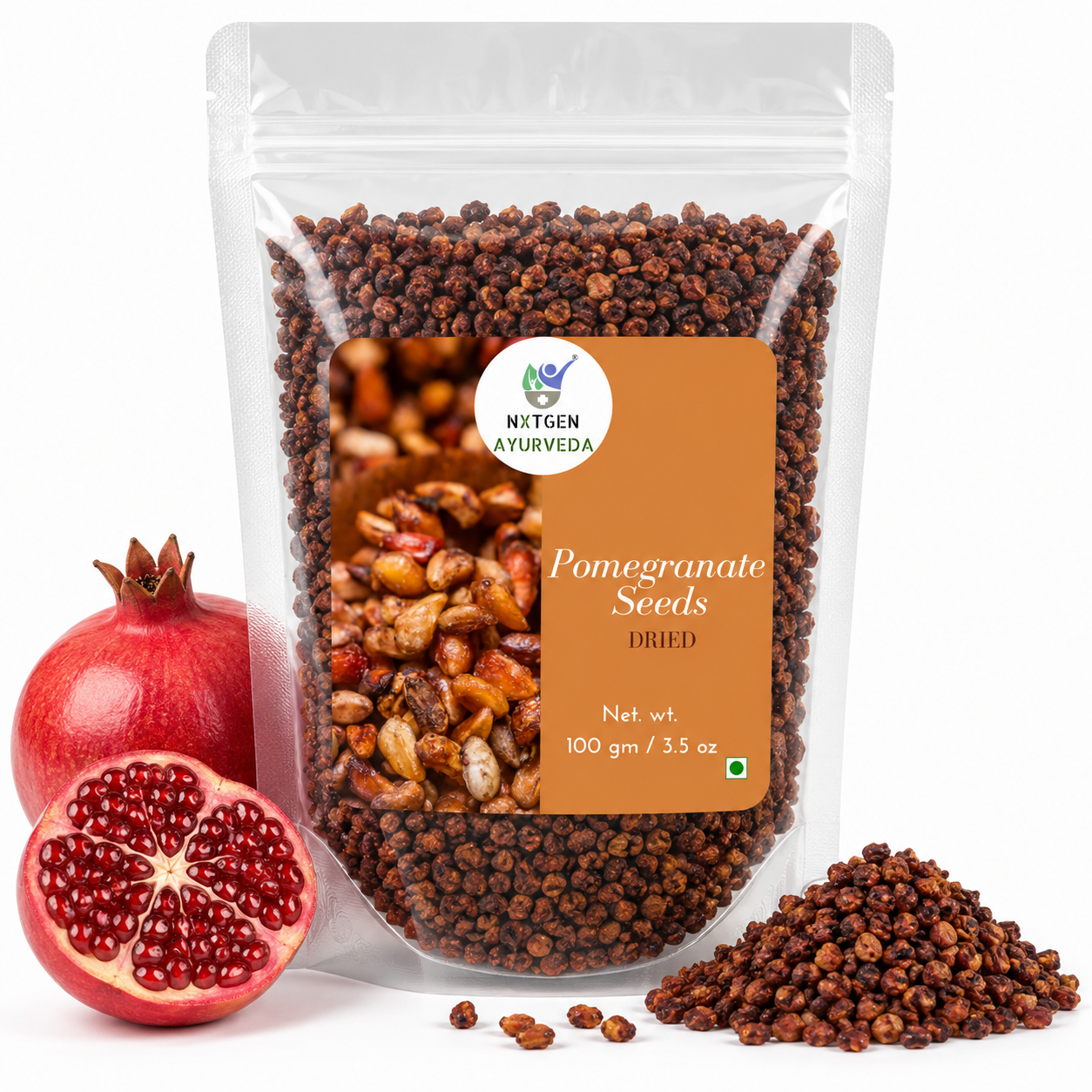 Premium Dried Pomegranate Seeds in a transparent stand-up pouch with naturally dried seeds for snacking, cooking, garnishing, and seasoning.