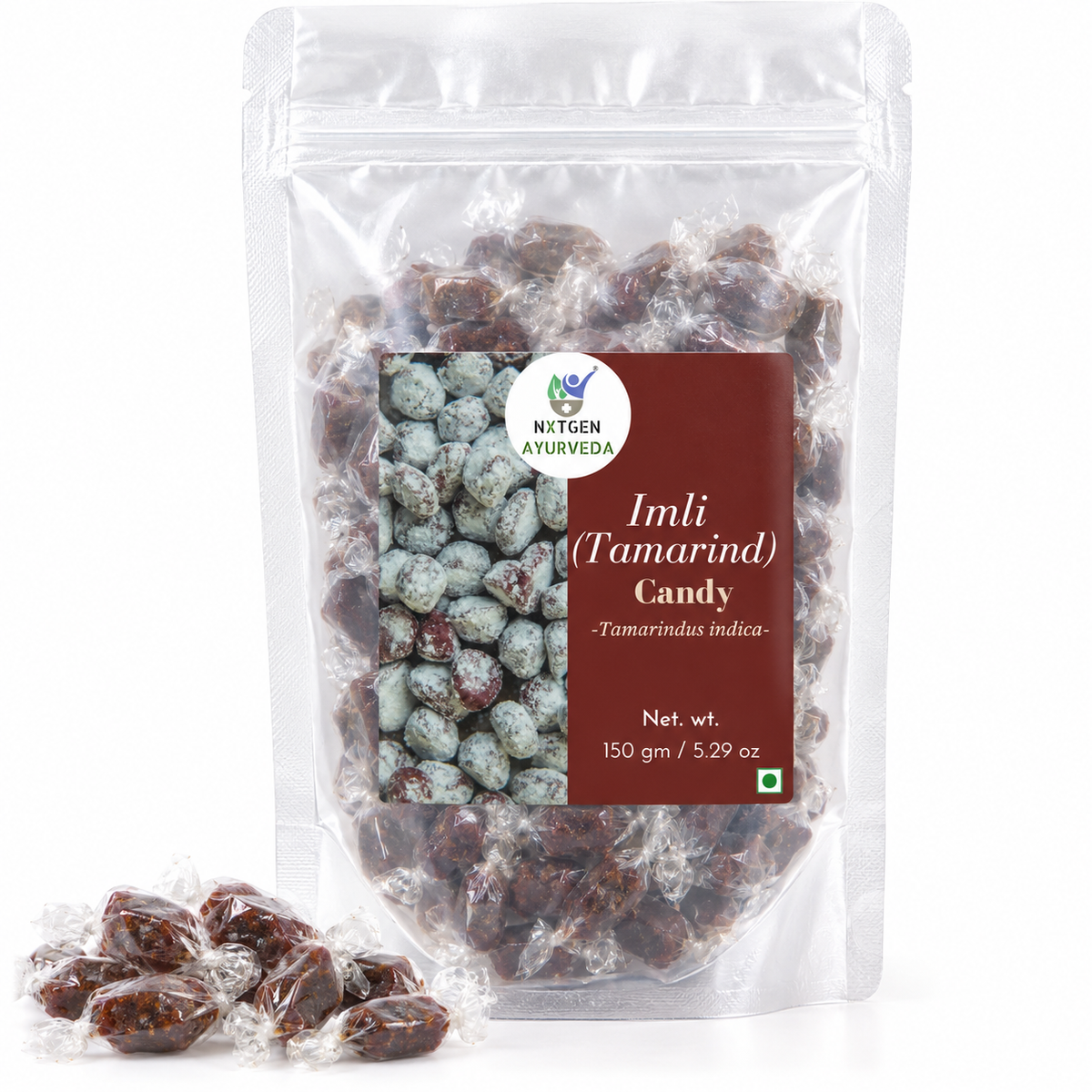 Premium Imli Candy (Tamarind) in a transparent stand-up pouch with individually wrapped tamarind candies for a tangy, sweet, and traditional treat.