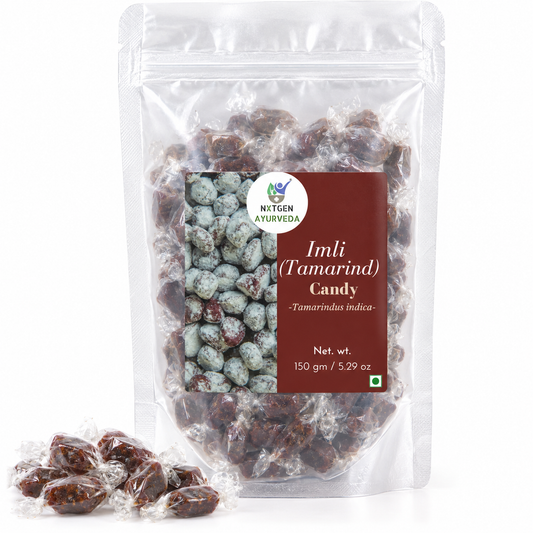 Premium Imli Candy (Tamarind) in a transparent stand-up pouch with individually wrapped tamarind candies for a tangy, sweet, and traditional treat.