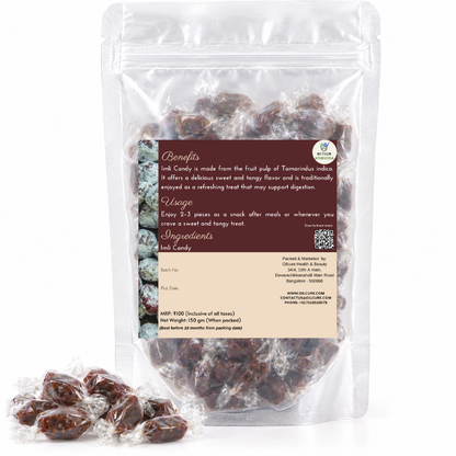 Premium Imli Candy (Tamarind) in a transparent stand-up pouch with individually wrapped tamarind candies for a tangy, sweet, and traditional treat.
