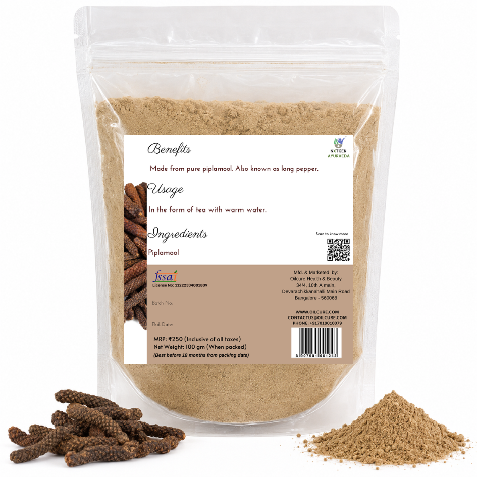 Premium Pilplamool Powder in a transparent stand-up pouch with finely ground long pepper root powder for traditional Ayurvedic wellness.