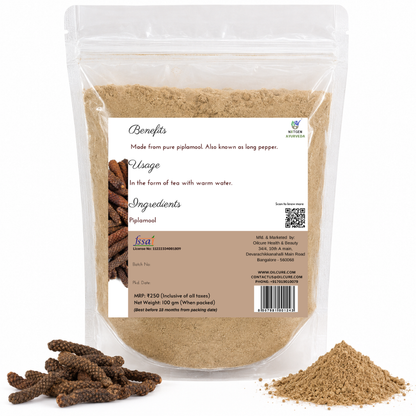 Premium Pilplamool Powder in a transparent stand-up pouch with finely ground long pepper root powder for traditional Ayurvedic wellness.