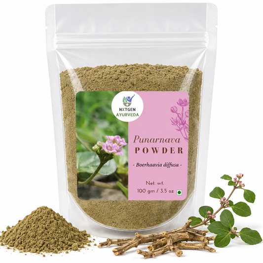Premium Punarnava Powder in a transparent stand-up pouch with finely ground Boerhavia diffusa root powder for traditional Ayurvedic wellness.