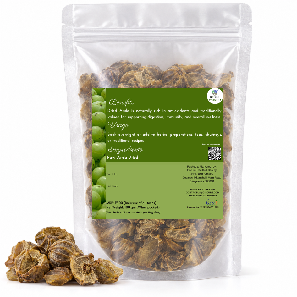 Premium Raw Dried Amla in a transparent stand-up pouch with naturally dried whole amla pieces for traditional Ayurvedic, herbal, and culinary use.