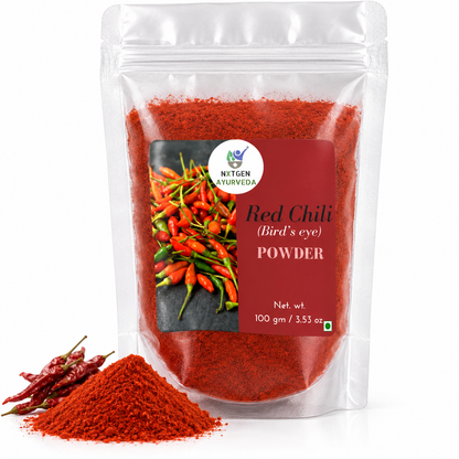 Premium Red Chili Powder (Bird's Eye) in a transparent stand-up pouch with finely ground hot red chilies for cooking, seasoning, and spicy recipe