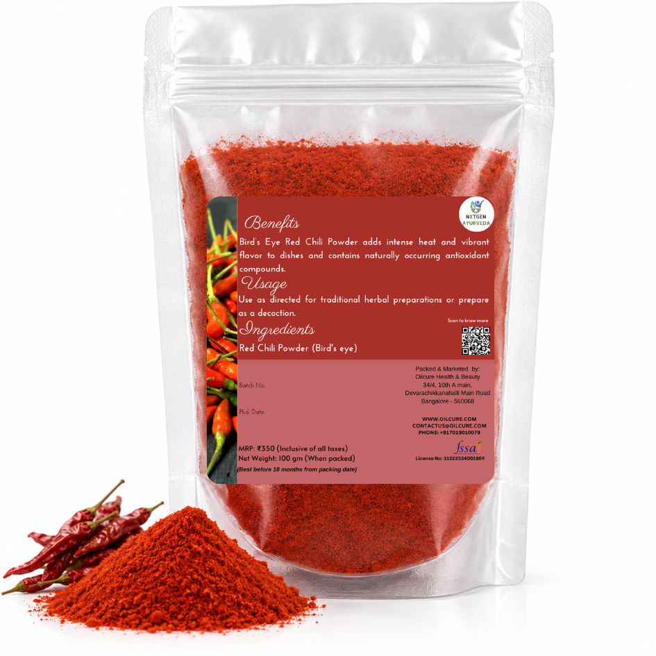 Premium Red Chili Powder (Bird's Eye) in a transparent stand-up pouch with finely ground hot red chilies for cooking, seasoning, and spicy recipe