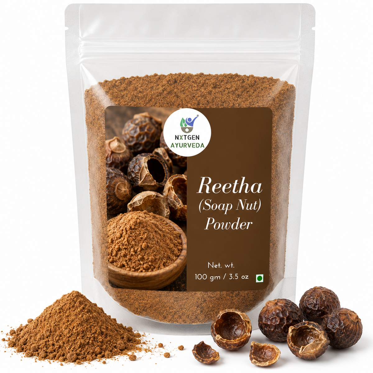 Premium  Powder in a transparent stand-up pouch with finely ground soap nut powder for natural hair care and cleansing.