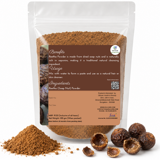 Premium  Powder in a transparent stand-up pouch with finely ground soap nut powder for natural hair care and cleansing.