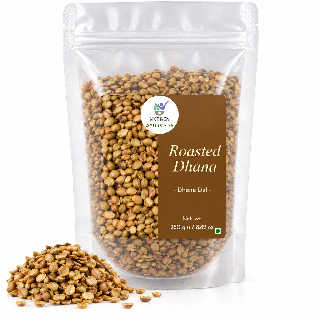 Premium Roasted Dhana (Dhaniya) Dal in a transparent stand-up pouch with crunchy roasted coriander seeds for snacking and traditional culinary use.