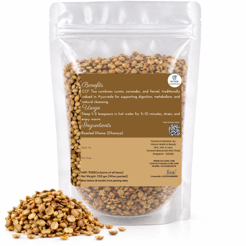 Premium Roasted Dhana (Dhaniya) Dal in a transparent stand-up pouch with crunchy roasted coriander seeds for snacking and traditional culinary use.
