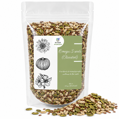 Premium Roasted Omega 3 Seeds in a transparent stand-up pouch with crunchy roasted seeds for healthy snacking, smoothies, and everyday nutrition.