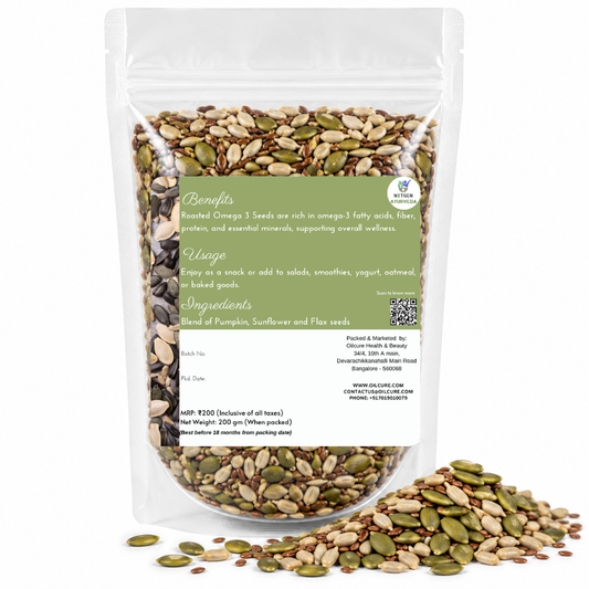 Premium Roasted Omega 3 Seeds in a transparent stand-up pouch with crunchy roasted seeds for healthy snacking, smoothies, and everyday nutrition.