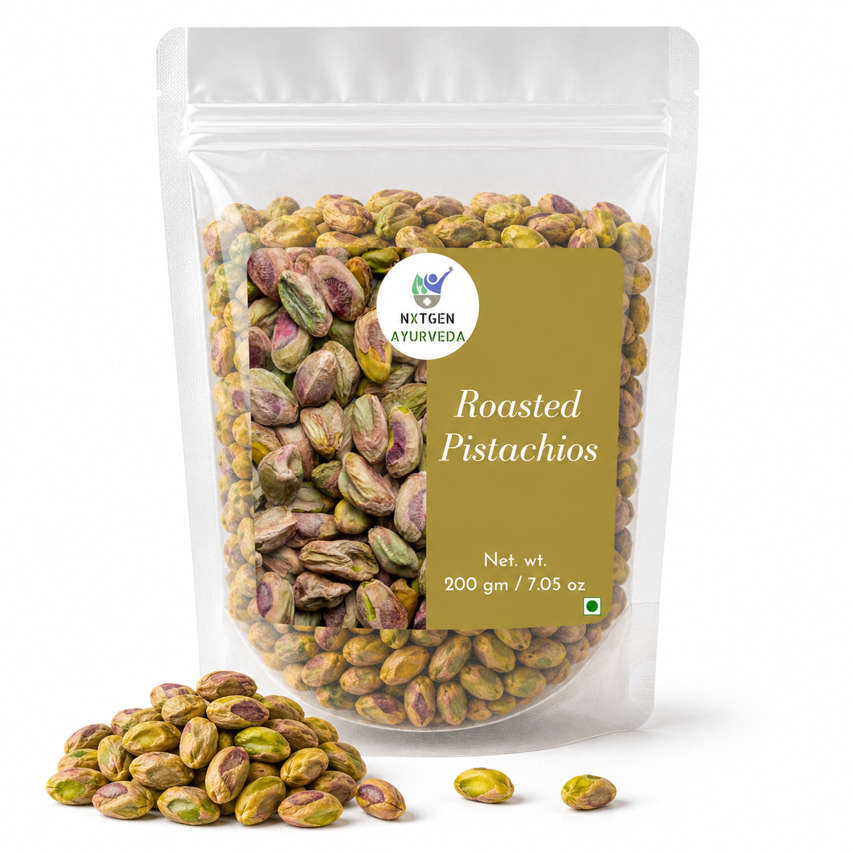Premium Roasted Pistachios 200 gms in a transparent stand-up pouch with crunchy roasted pistachios for healthy snacking and everyday enjoyment.