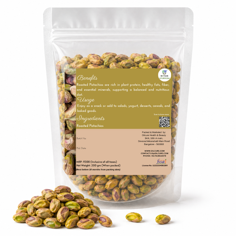 Premium Roasted Pistachios 200 gms in a transparent stand-up pouch with crunchy roasted pistachios for healthy snacking and everyday enjoyment.
