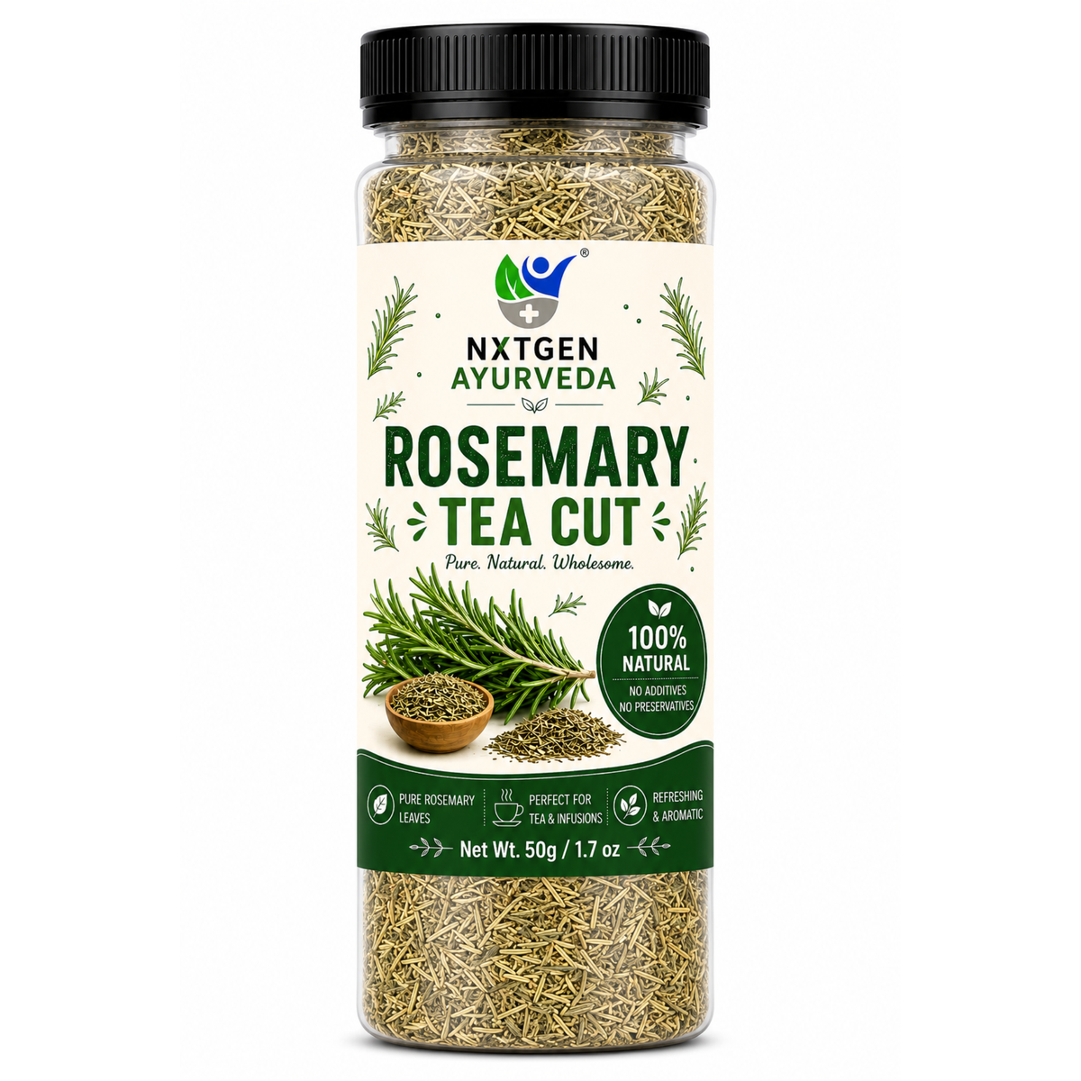 Premium Rosemary Tea Cut in a transparent stand-up pouch with aromatic dried rosemary pieces for refreshing herbal tea and flavorful infusions.