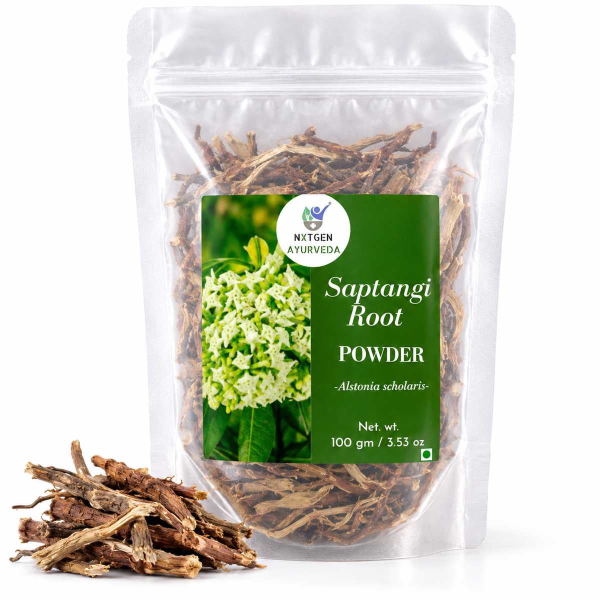 Premium Saptangi Root in a transparent stand-up pouch with naturally dried herbal roots for traditional Ayurvedic and herbal use.
