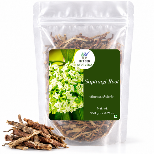 Premium Saptangi Root in a transparent stand-up pouch with naturally dried herbal roots for traditional Ayurvedic and herbal use.